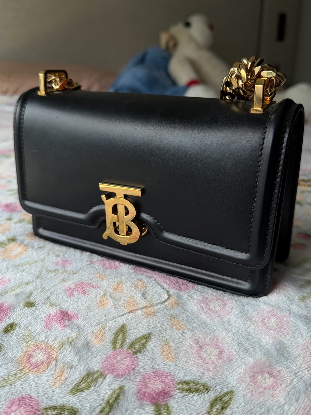 Burberry Black Leather Shoulder Bag with Gold TB Monogram
